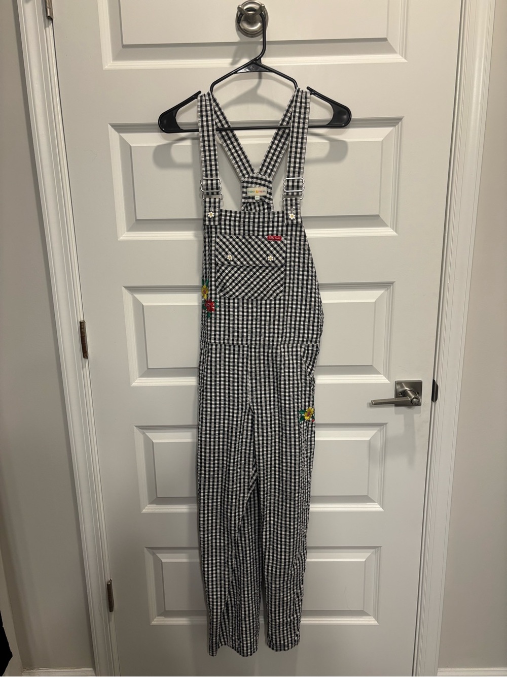 Teddy Fresh Black & White Gingham Overalls with Floral Embroidery